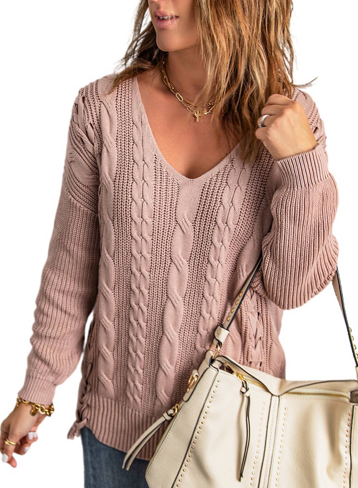 Knit lace solid color V-neck long-sleeved pullover sweater