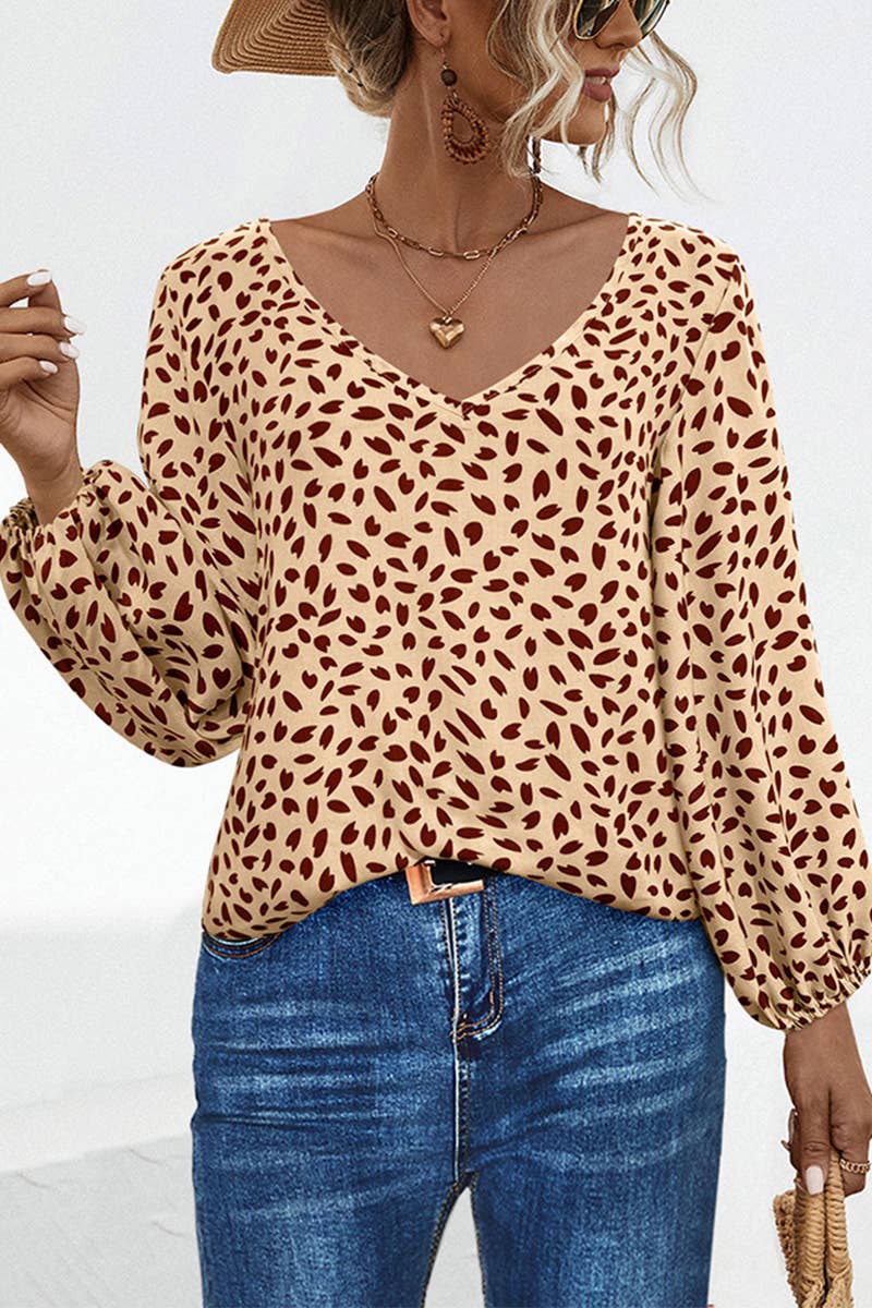 V-NECK LANTERN SLEEVE HEART PRINT CASUAL TOP