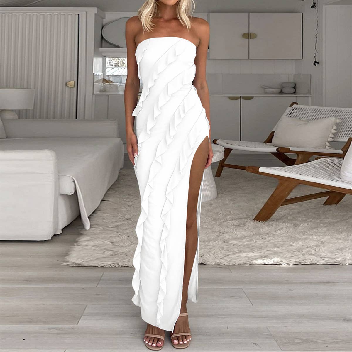 Sexy asymmetric split strapless bodycon dress