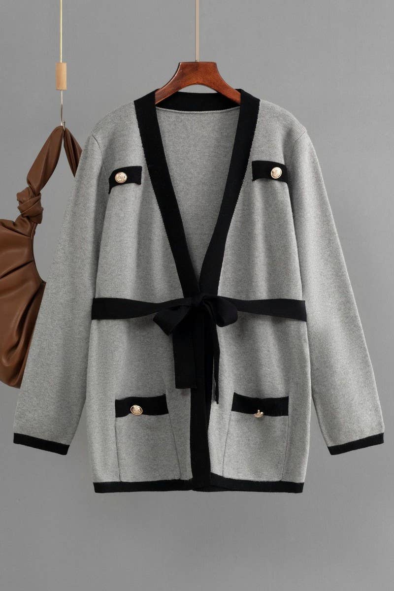 CWOCAL00675_V NECK COLORBLOCK TIE BUTTON PLUS CARDIGAN