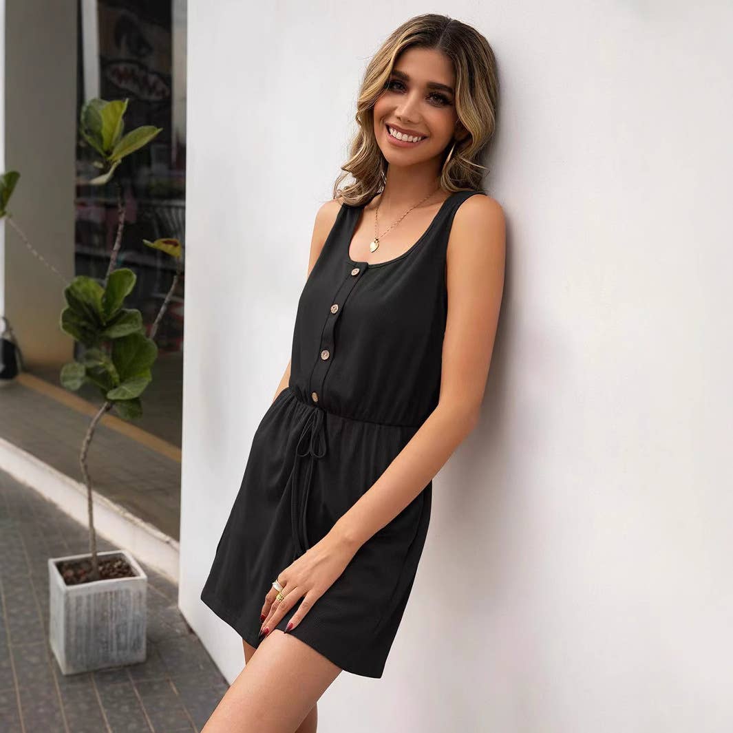 Sleeveless cinched-waist vest jumpsuit shorts