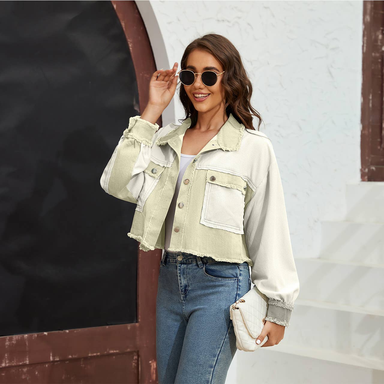 Lapel waffle check color-blocked short coat