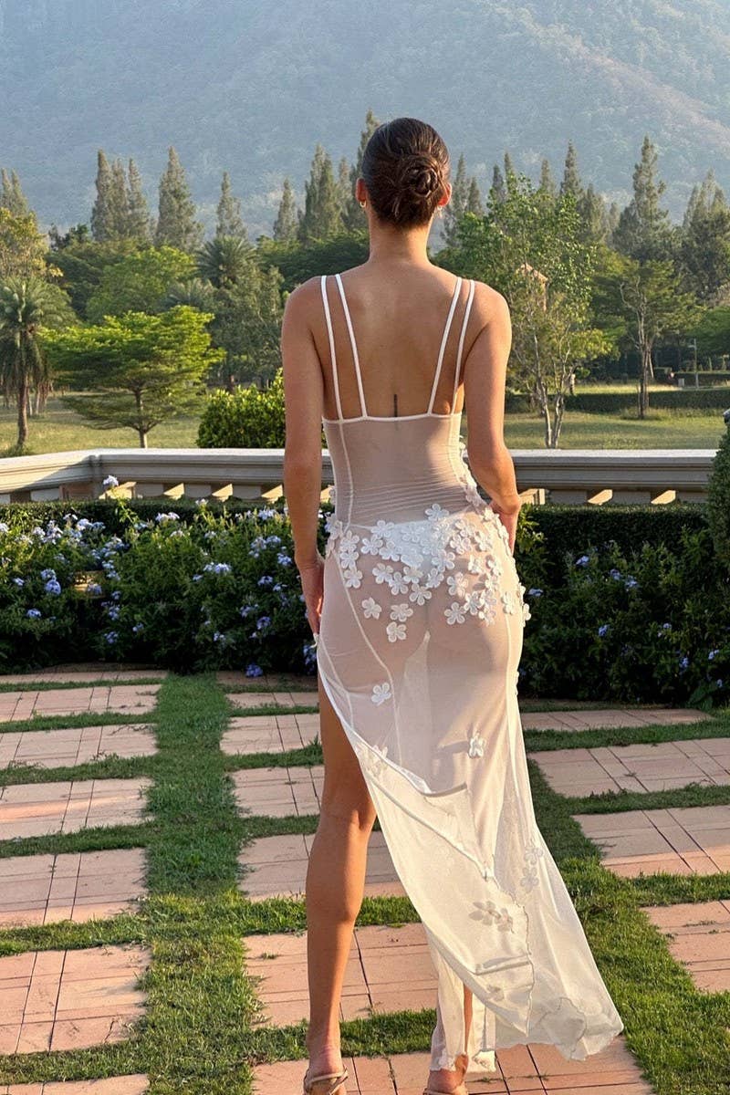 CWDMD5634_SEXY DEEP V BACKLESS MESH DRESS WITH 3D FLOWERS