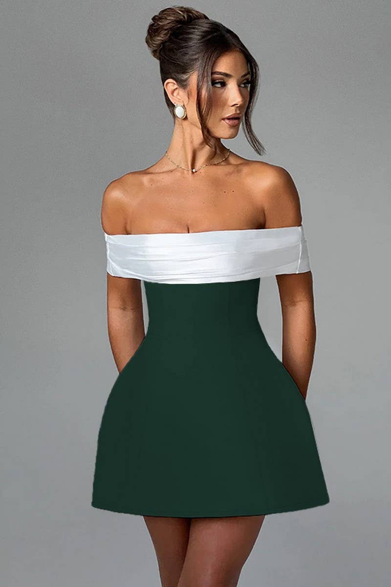 CWDTD0396_TEMPERAMENT SLIM OFFSHOULDER CONTRAST COLOR DRESS