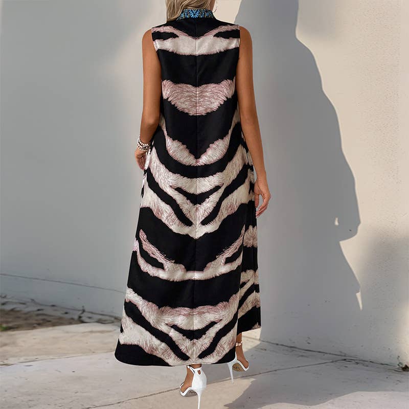 Sleeveless V-neck vintage animal print maxi dress