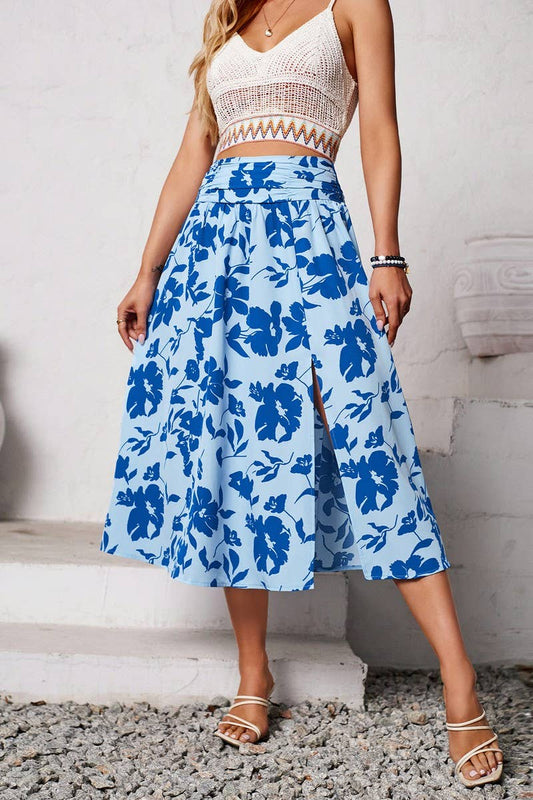 CWBMS0432_FLORAL RUCHED CASUAL SUMMER MIDI SKIRT