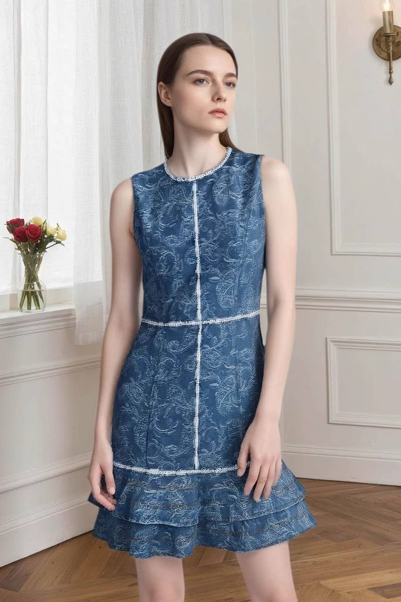 CWDSD8819_BLUE AND WHITE PRINTED DENIM SLEEVELESS DRESS