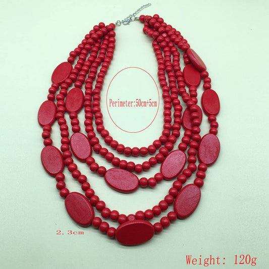 WOOD BEADED MULTI-LAYER RED WOOD BEAD NECKLACE_CWMM4974