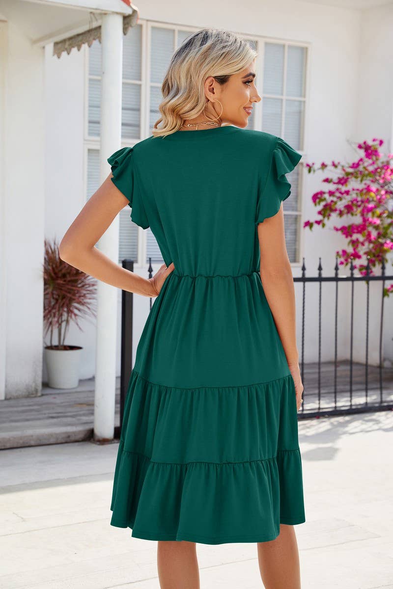 CWDMD2224_V-NECK RUFFLE SLEEVE SOLID COLOR CASUAL DRESS