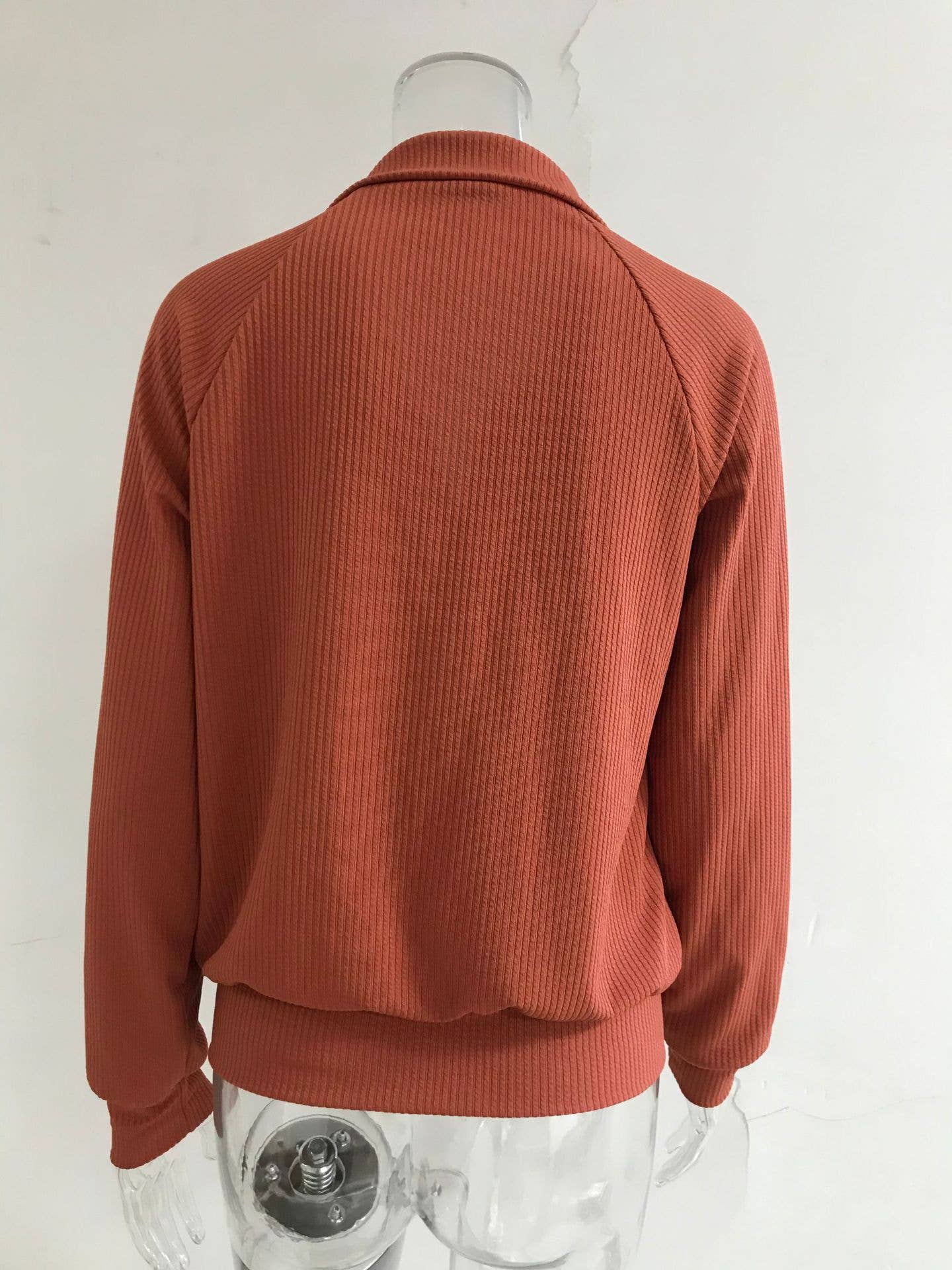 STRIPED LAPEL SOLID COLOR KNIT ZIPPER CARDIGAN