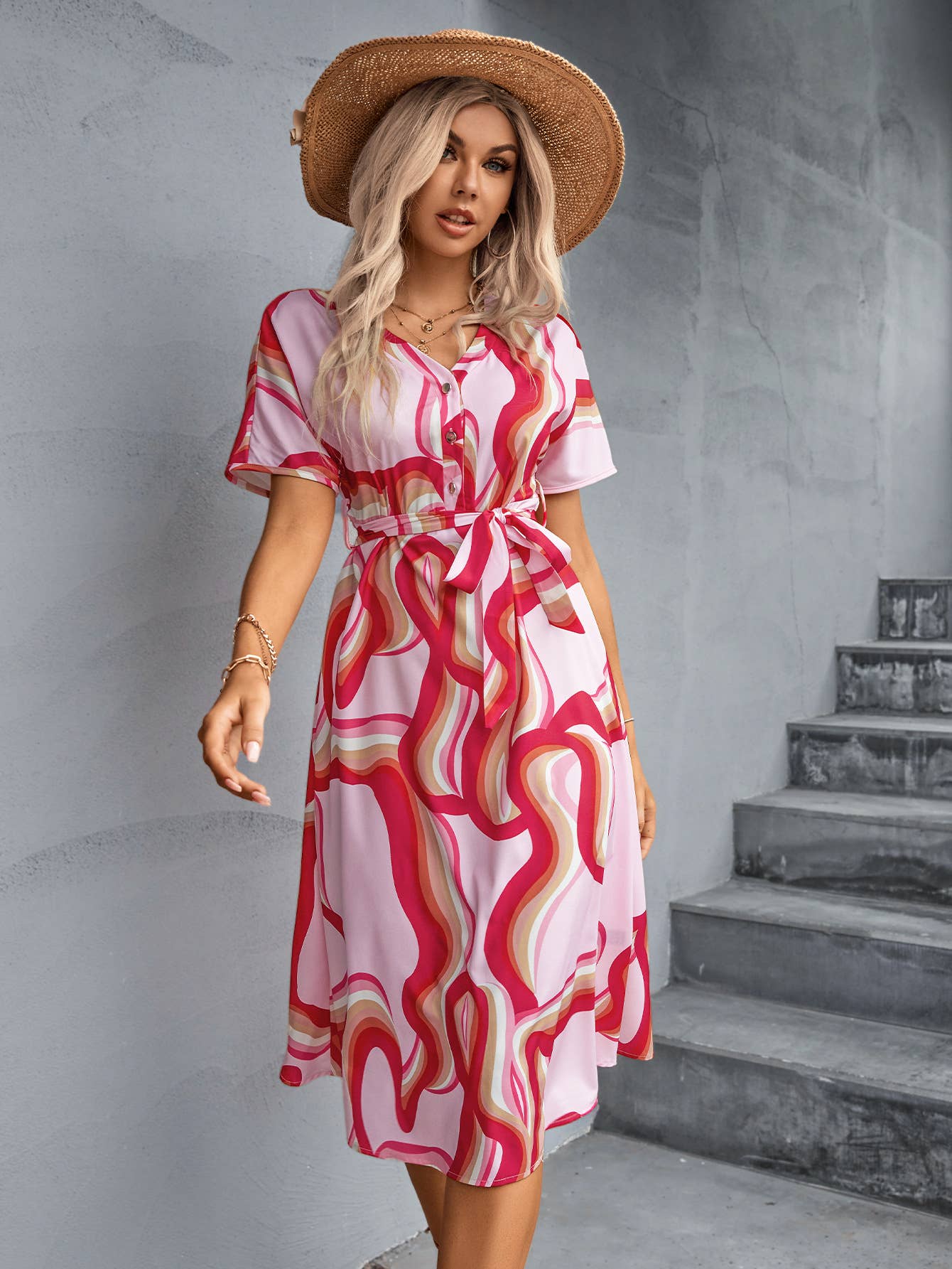 V-NECK SINGLE-BREASTED LACE-UP LONG DRESS