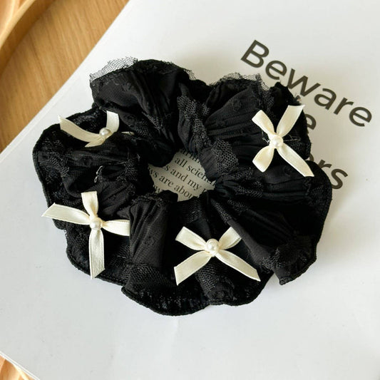 CONTRAST COLOR BOW PEARL LACE HAIR TIE