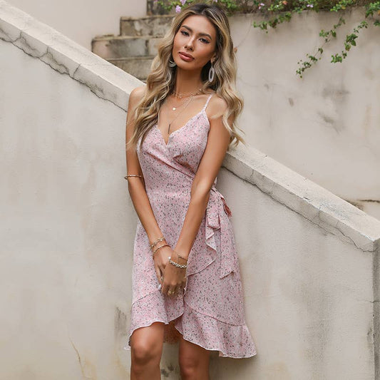 Slip skirt flanged one-piece floral dress