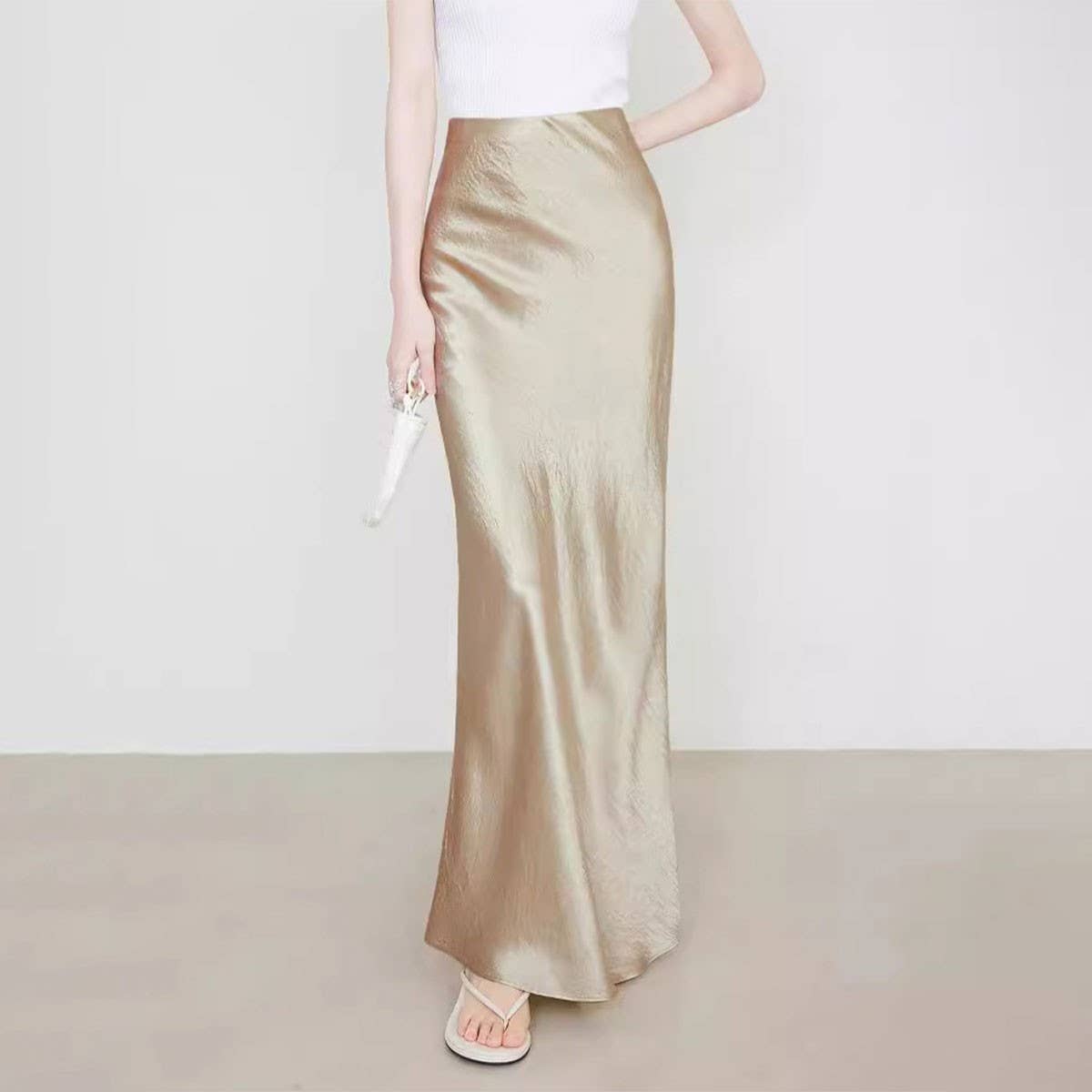 SATIN SKIRT HIGH WAIST ELASTIC PATTERN LONG SKIRT