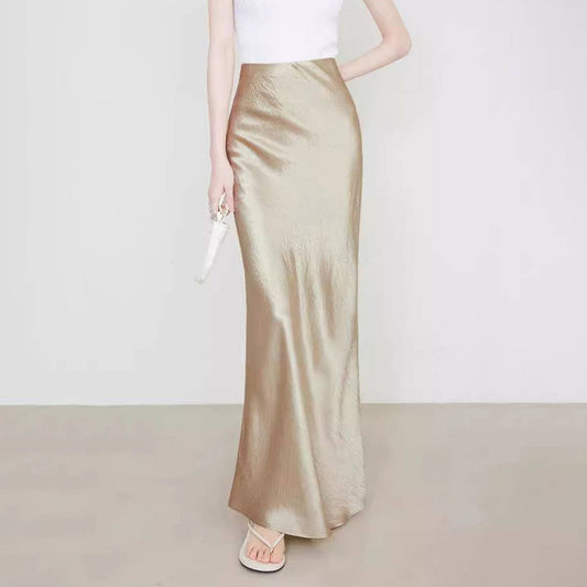 SATIN SKIRT HIGH WAIST ELASTIC PATTERN LONG SKIRT
