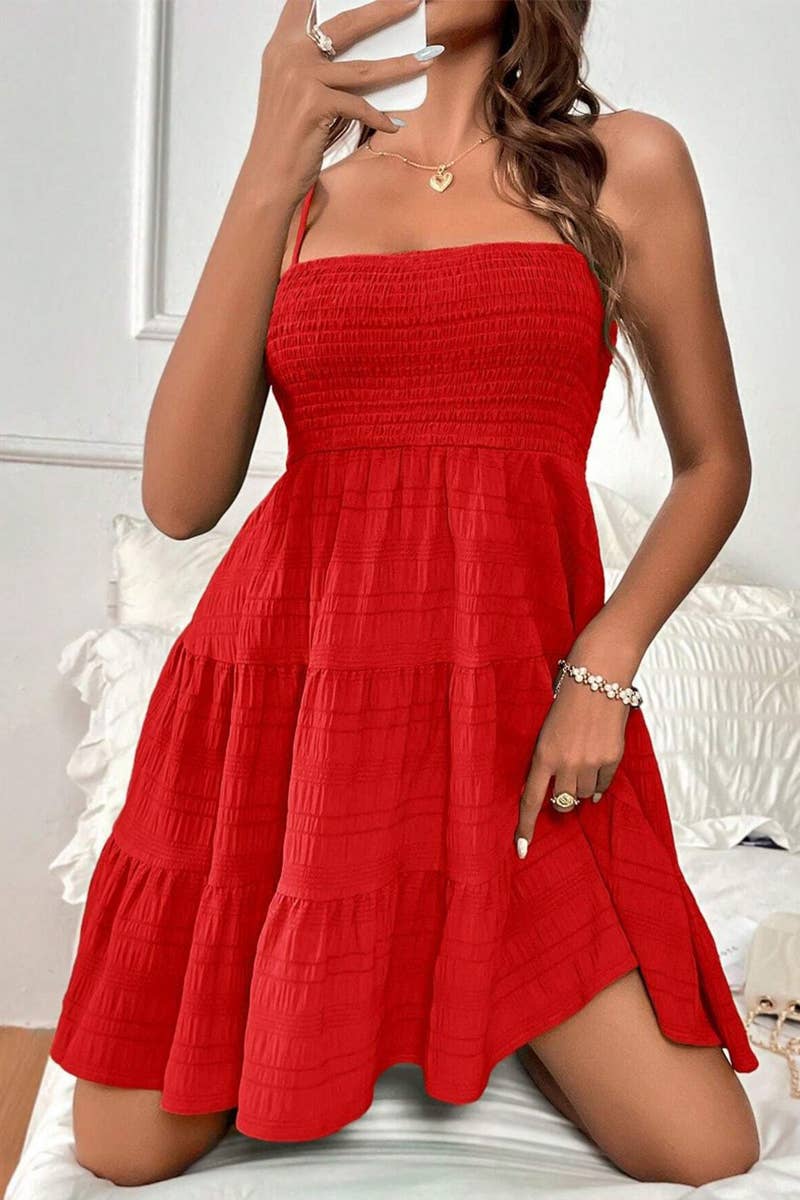 CWDHL0739_SUMMER SOLID COLOR TEXTURED SUSPENDER DRESS