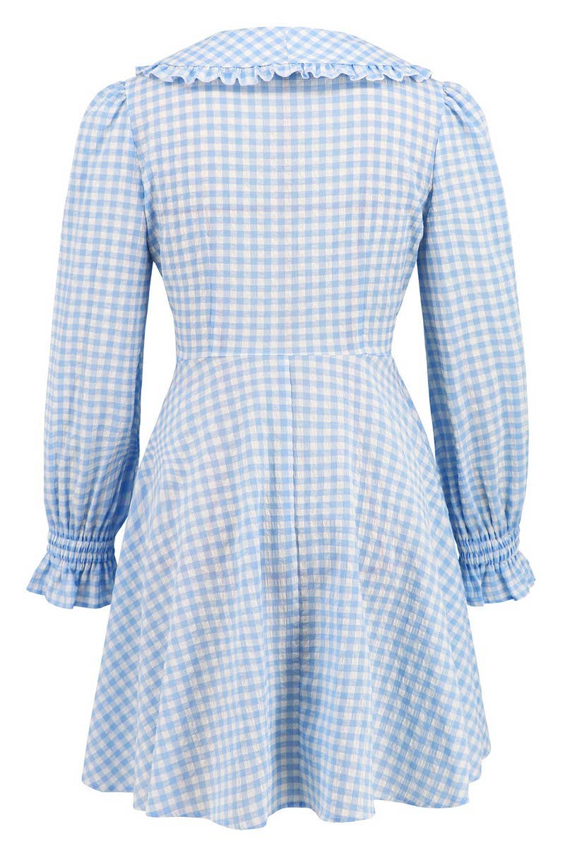 CWDSD6462_LARGE LAPEL WIDE HEM LONG SLEEVE PLAID DRESS