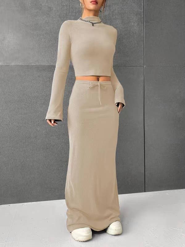 SOLID COLOR LONG SLEEVE TOP LONG SKIRT SET