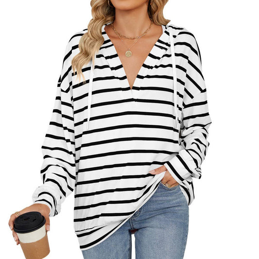 Drawstring hooded striped long-sleeved hoodie