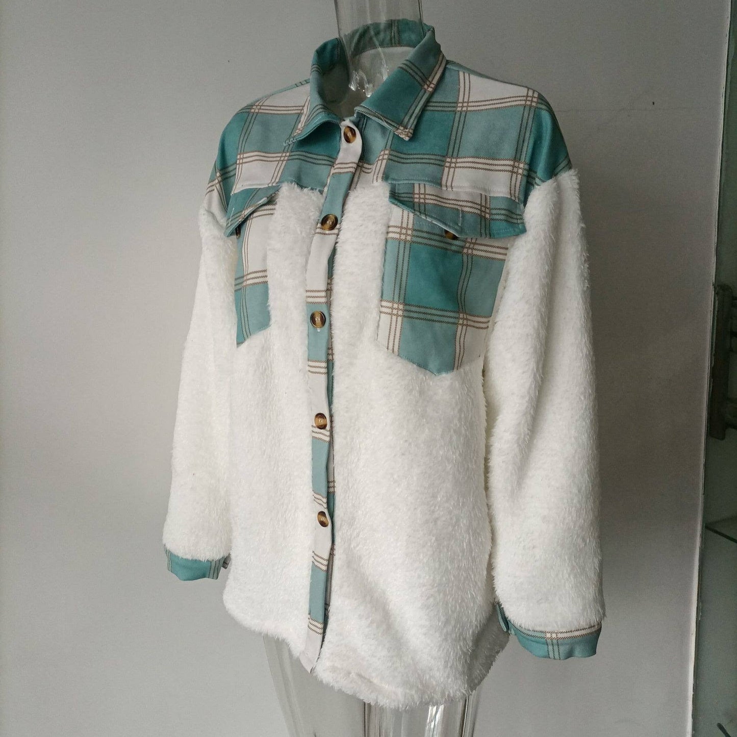 LAPEL LEOPARD PLAID PRINT FLEECE PATCHWORK COAT