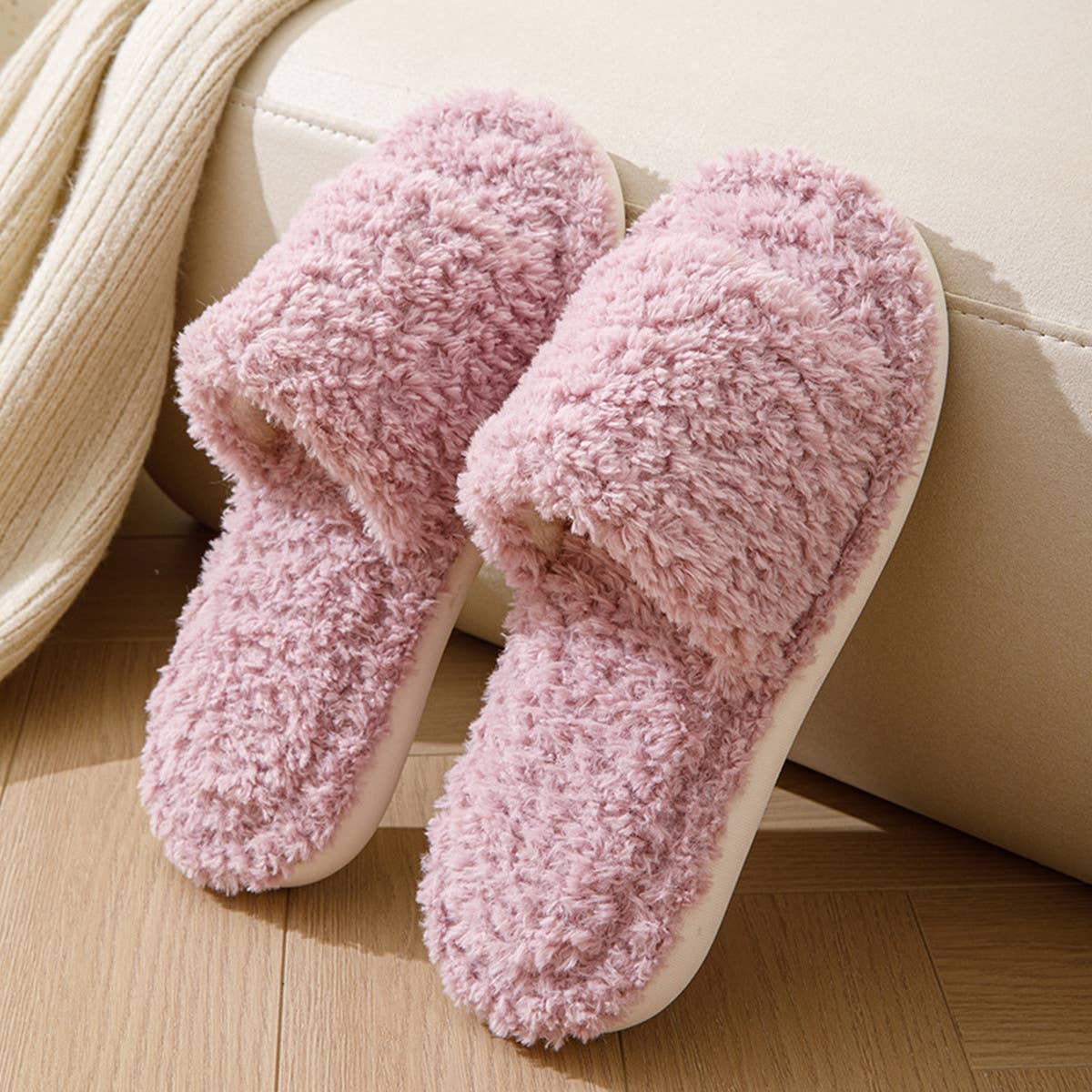 HOME SOLID COLOR CURLY COTTON SLIPPERS