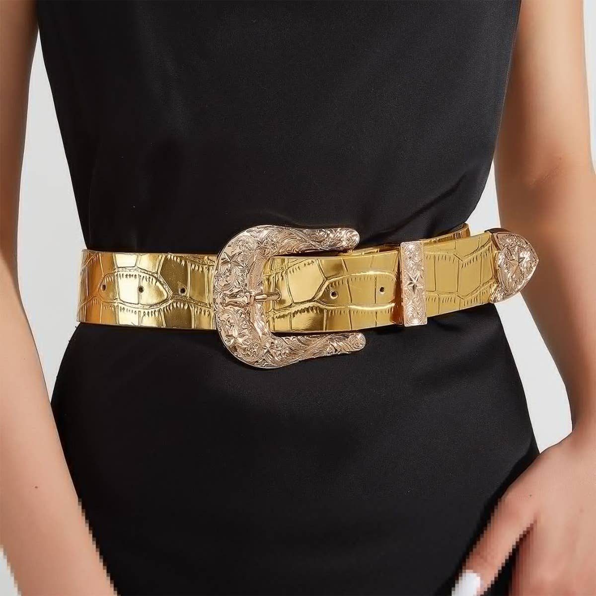 HORSESHOE BUCKLE GOLD LEATHER BELT_CWABE0448