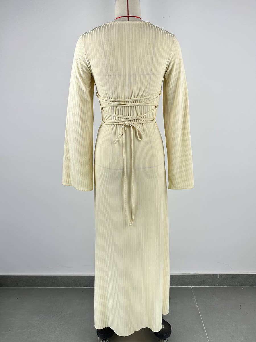 Big Pit Strip Long Sleeve U-Neck Dress_Cwdmd3185