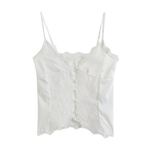 Lace lace patchwork single breasted tank top