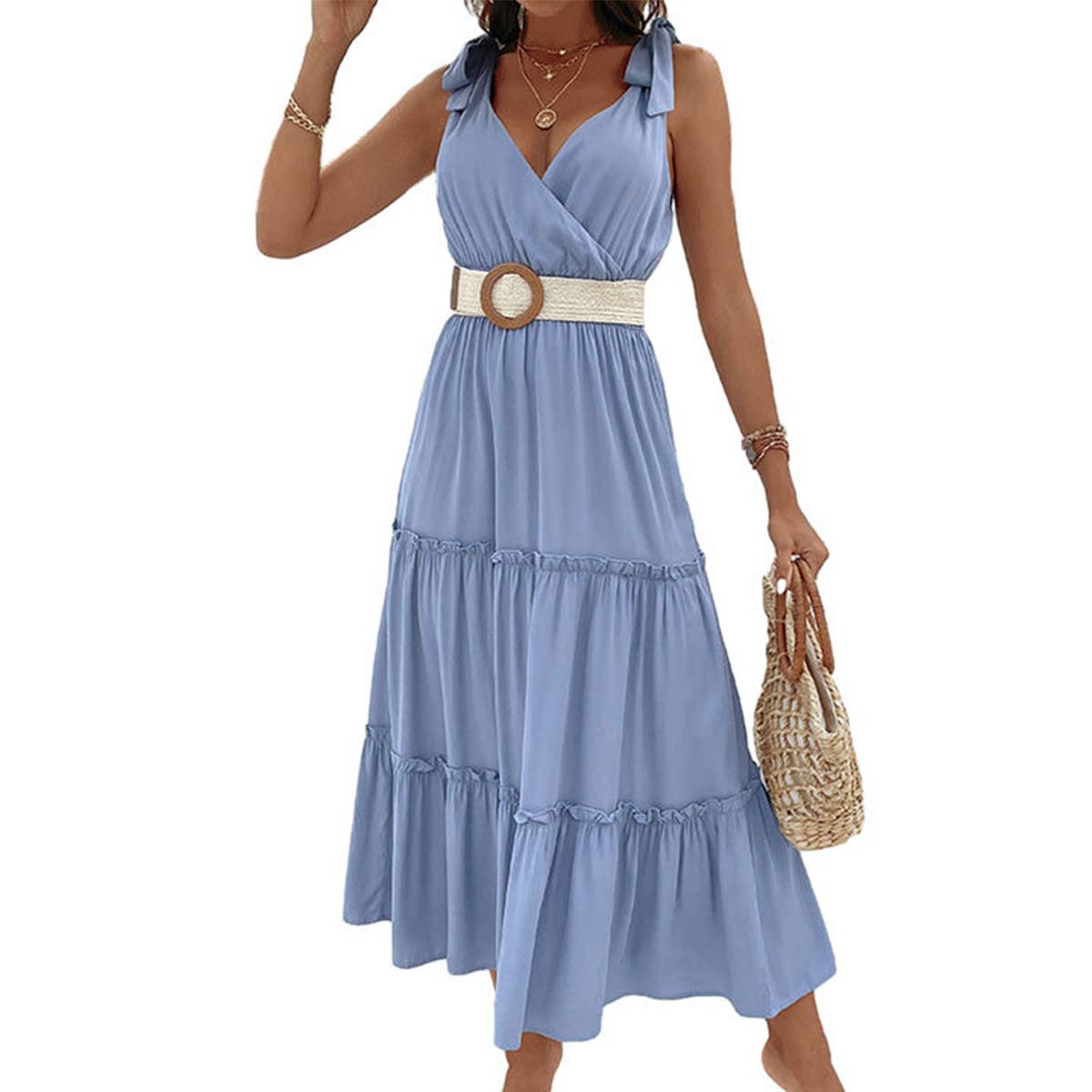 Solid color suspender high waisted dress_CWDMD1480