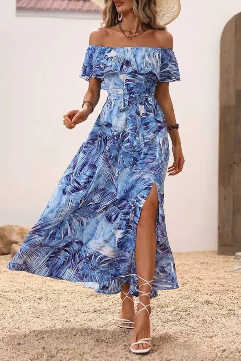 CWDMD1910_ONE-LINE SHOULDER PRINT SLIT WAIST LONG DRESS