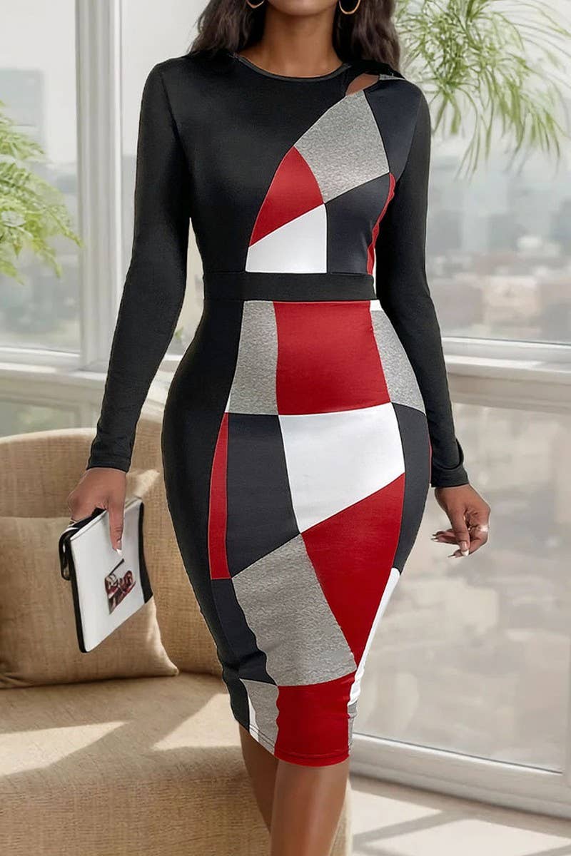 CWDSD5369_GEOMETRIC HIGH WAIST LONG SLEEVE DRESS