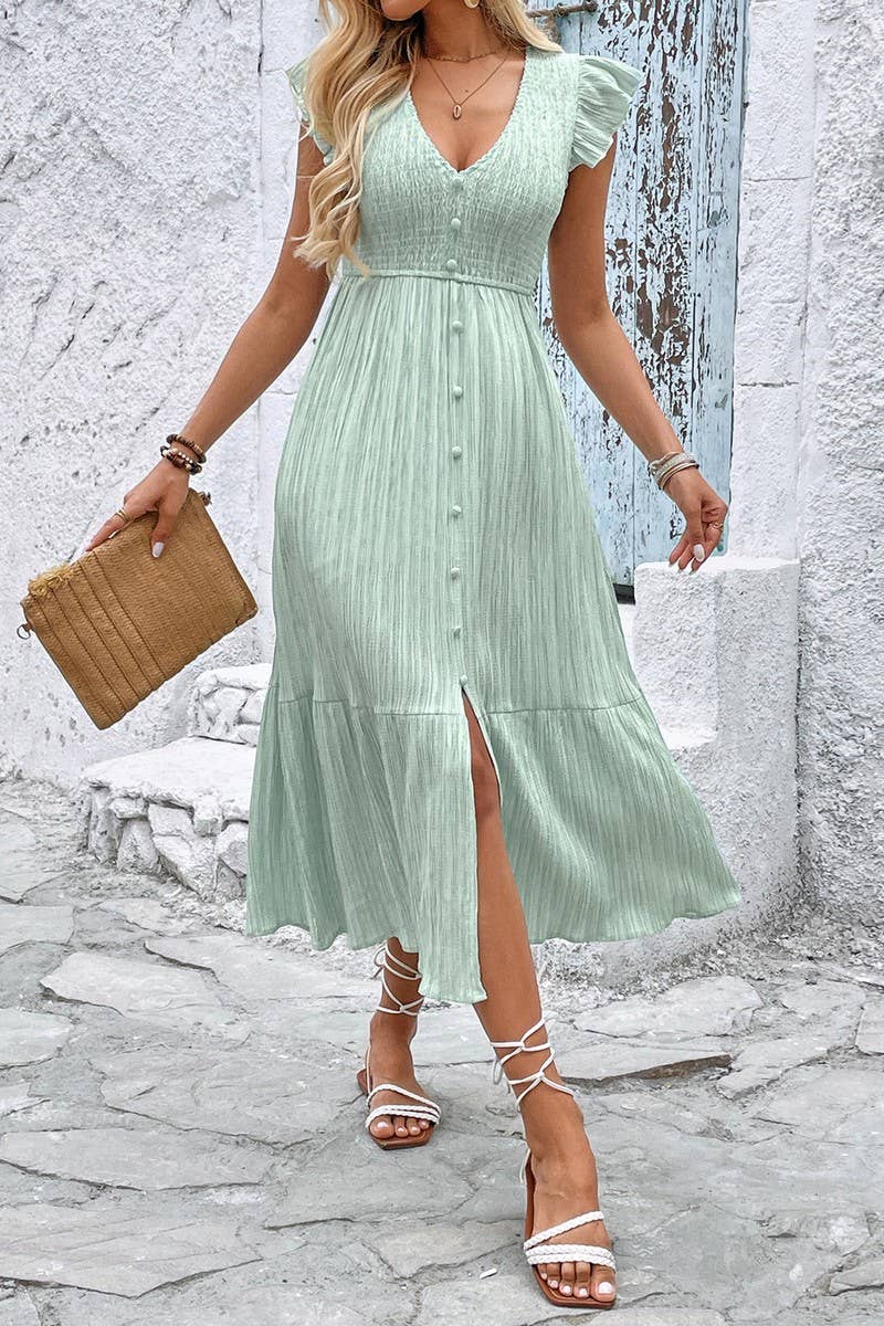 CWDMD5319_V-NECK TEXTURED LIGHT GREEN SPLIT HEM DRESS