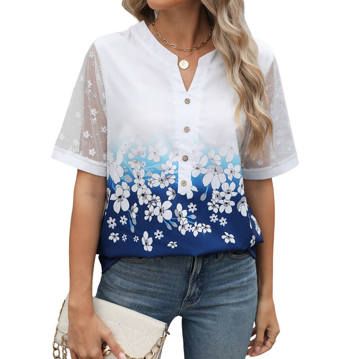 Patchwork Lace Sleeve V-Neck Print Chiffon Shirt