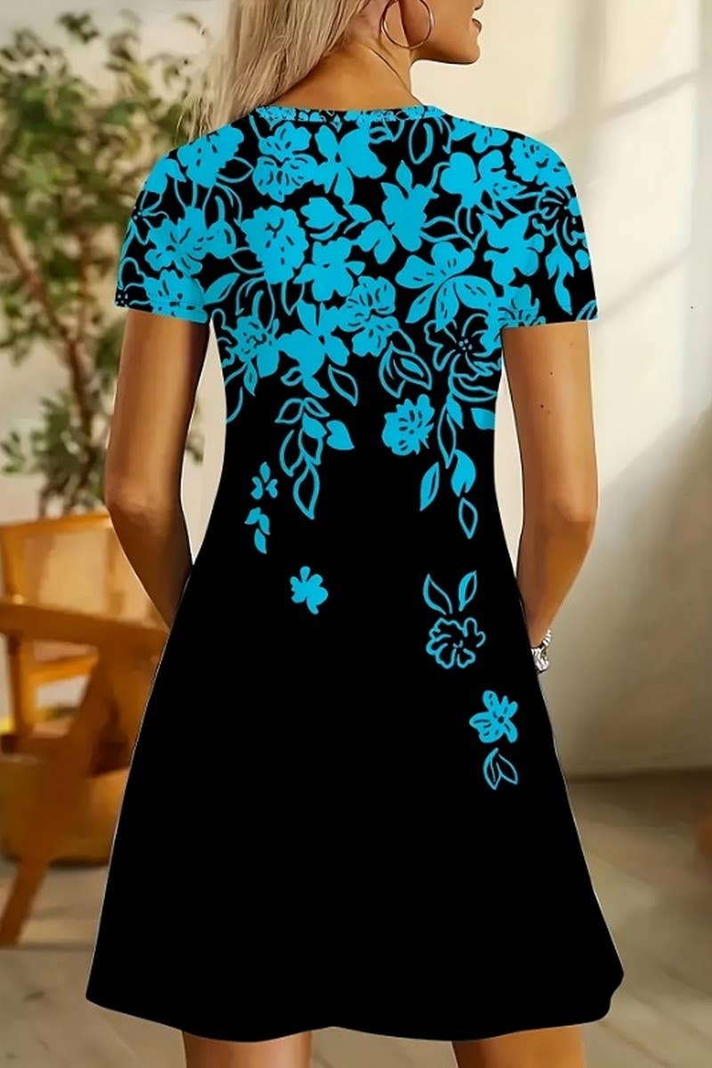 CWDSD10875_CASUAL V-NECK PRINTED SHORT-SLEEVED DRESS