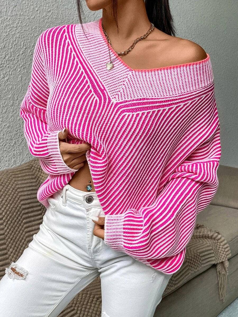 V-neck loose striped batsleeved sweater
