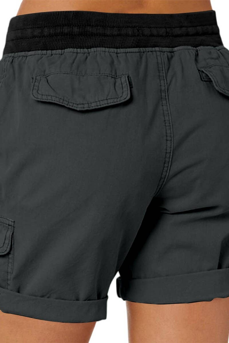 CWBSP0562_RETRO SOLID DRAWSTRING RIBBED UTILITY SHORTS