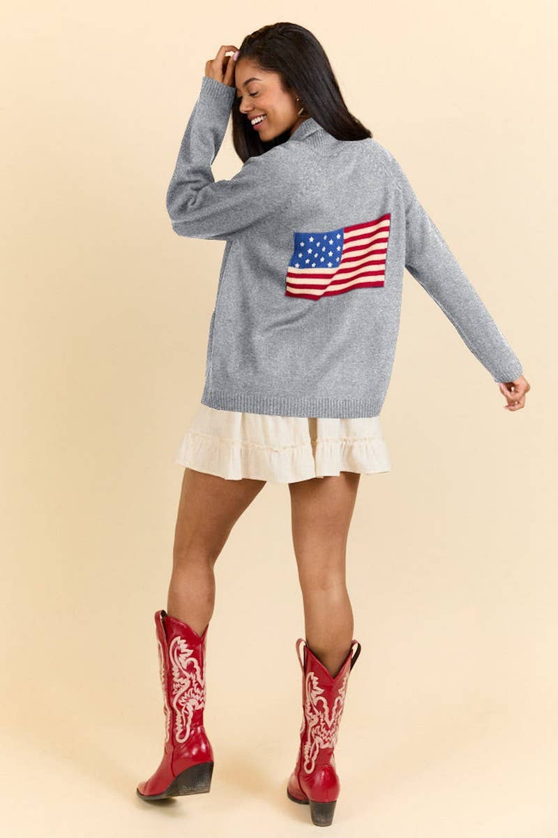 CWOCAL2360_FLAG PRINT V-NECK LOOSE KNIT CARDIGAN SWEATER