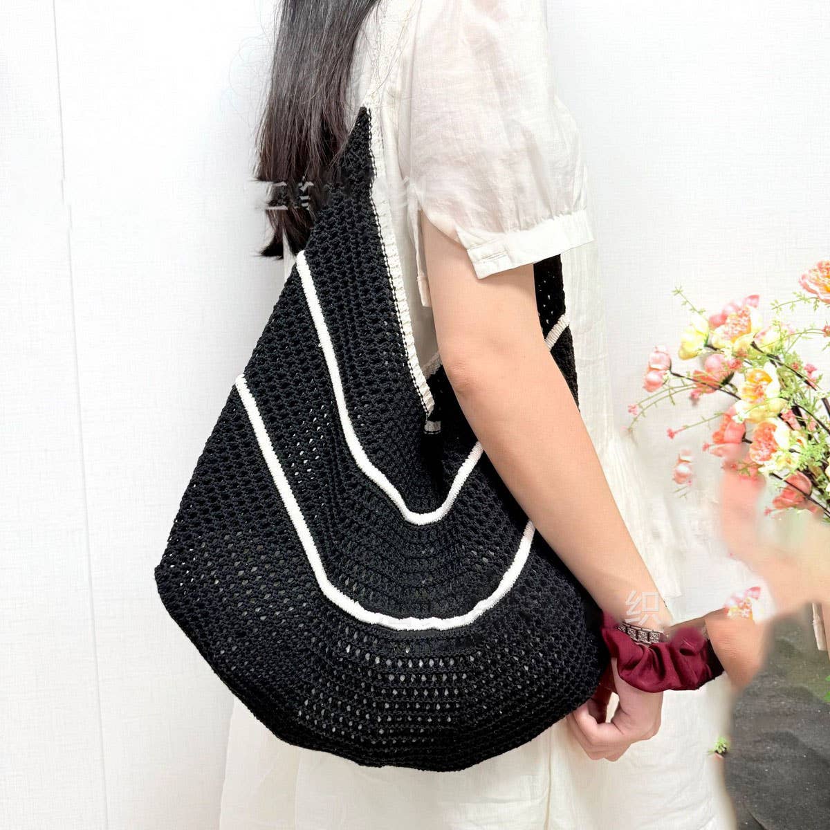 CUAB00630_2025 STRIPED KNIT TOTE BAG LARGE CAPACITY VACATION