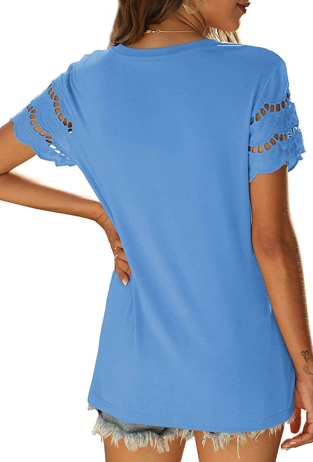 LACE PATCHWORK SHORT SLEEVE T-SHIRT CREW-NECK TOP