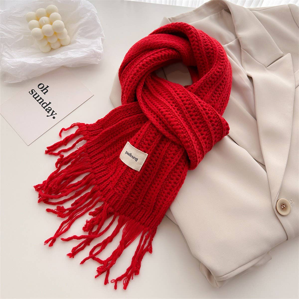 Cable Knit Wool Scarf with Tassels for Women_CWASC2756