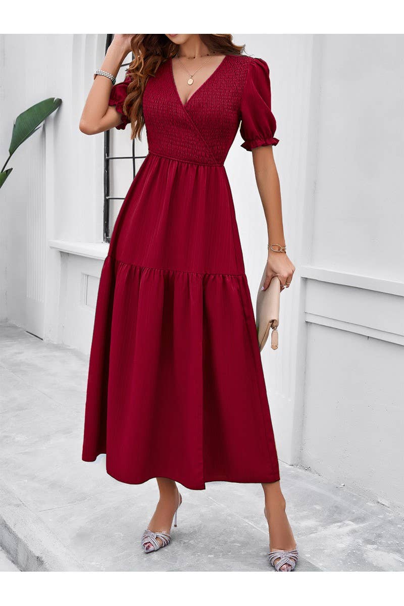 CWDMD2403_V-Neck Smocking Short Sleeve Split Midi Dress