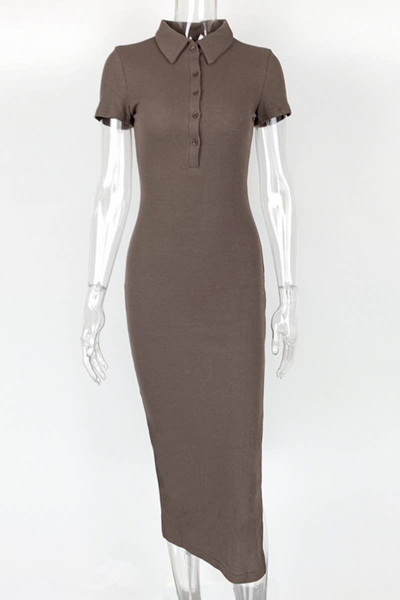 CWDMD4900_SOLID COLOR LAPEL SHORT SLEEVE SLIT DRESS