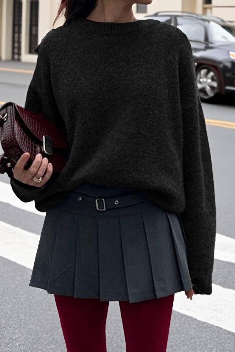 CWOSWL07523_SOLID COLOR LONGSLEEVED KNITTED PULLOVER SWEATER