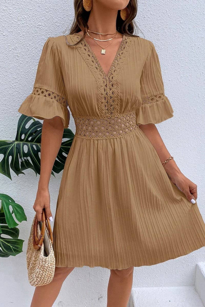 CWDSD7521_SUMMER LACE STYLISH WAIST SOLID COLOR DRESS