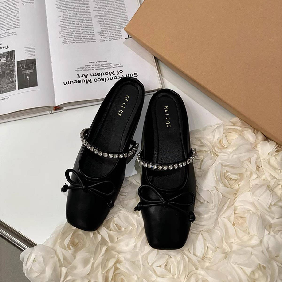 Silver Bow Mules for Women Flat Closed Toe