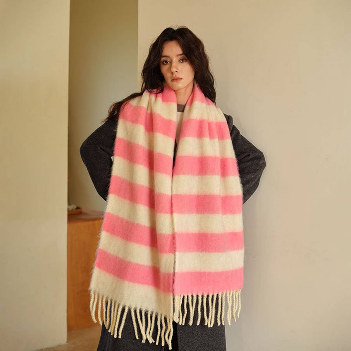 Blue-Brown Stripe Scarf - Thick Winter Wrap_CWASC2332