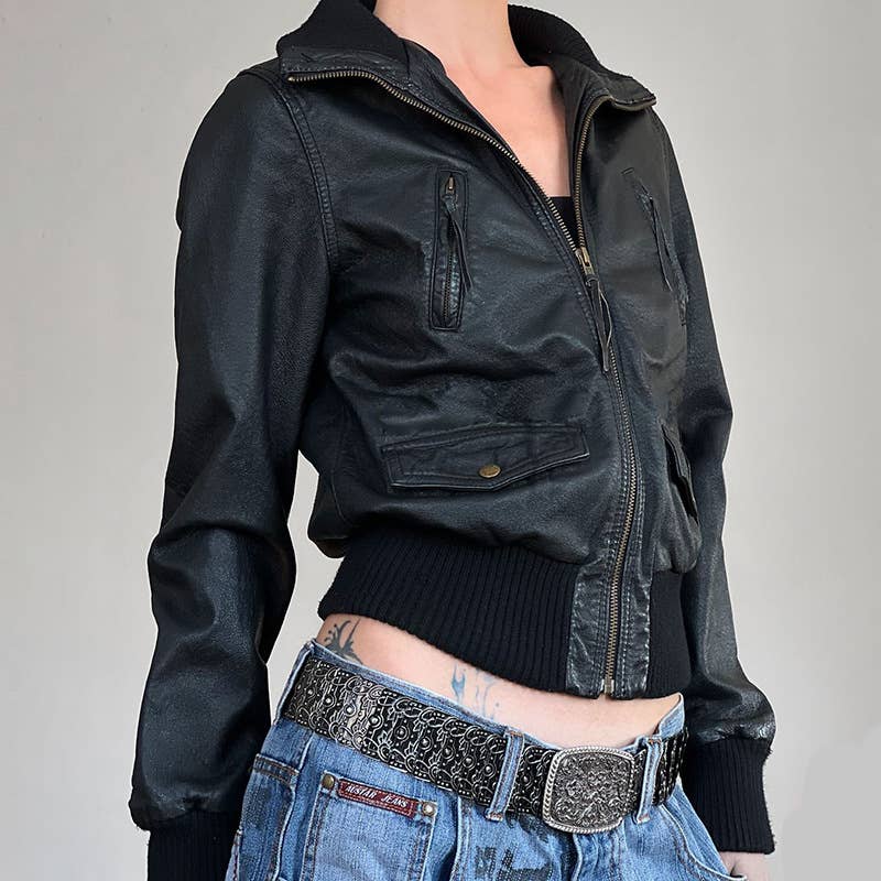 TOOLING PU LEATHER SPLICING RIBBED WAIST CARDIGAN