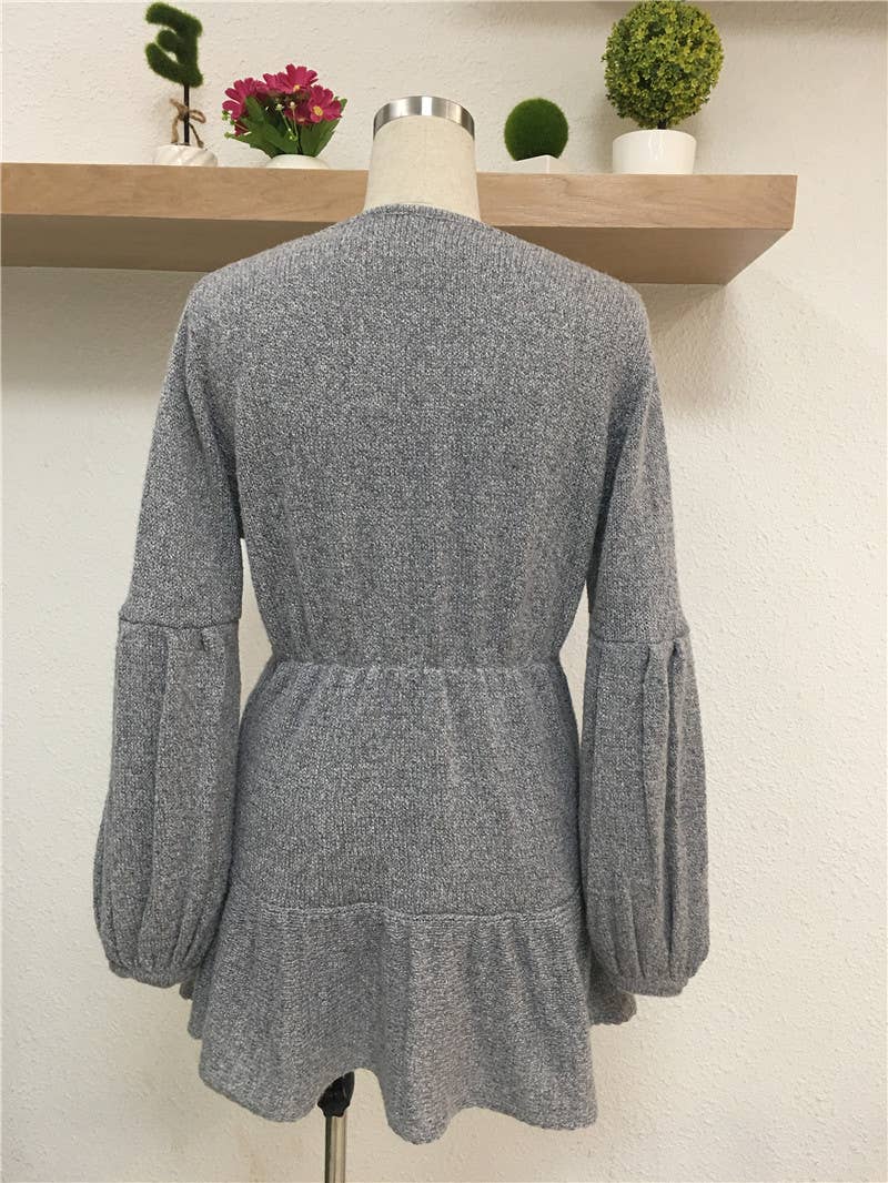 SOLID COLOR TIE V-NECK SWEATER LONG SWEATER