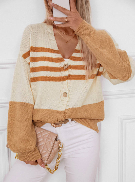 Striped button knit cardigan in contrasting colors