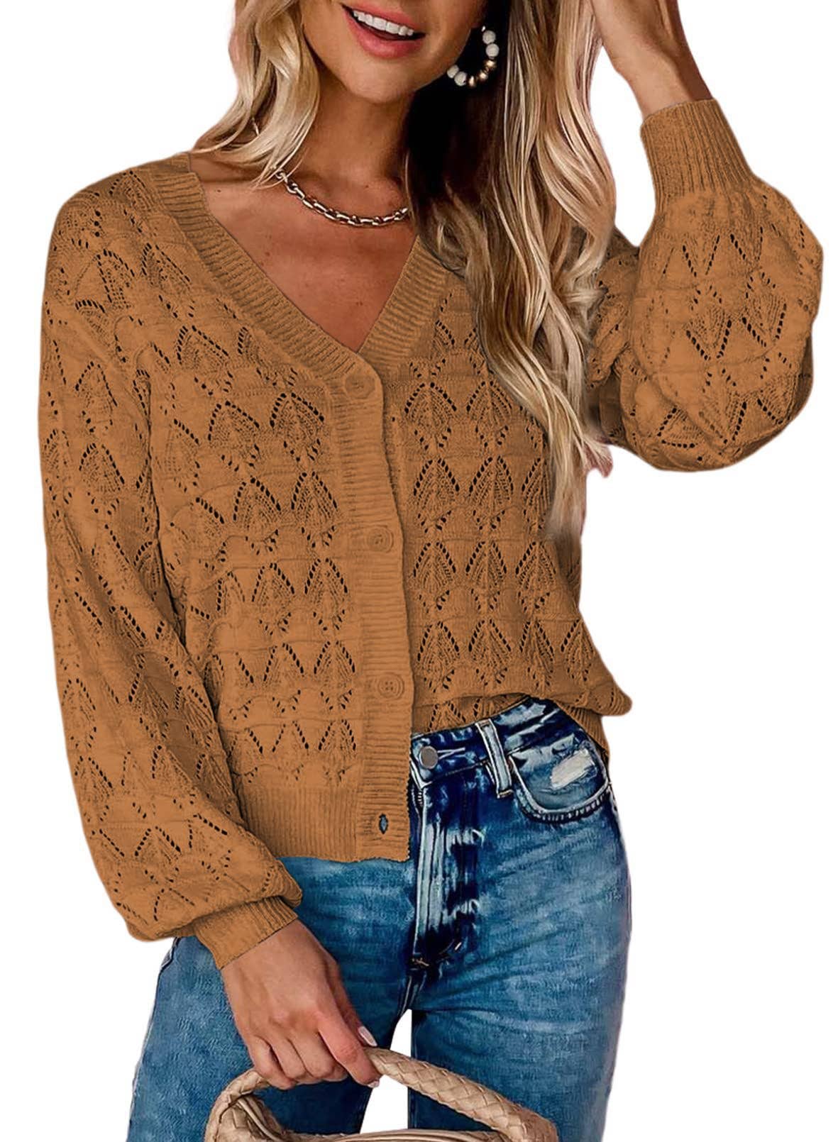 LONG SLEEVE CROCHET V-NECK CARDIGAN